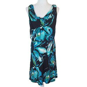 Jones New York Cowl Neck Blouson Blue/Black Floral Knee Length Dress Size 6